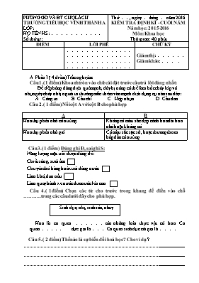 Đề kiểm tra định kì cuối năm Khoa học lớp 5 - Năm học 2015-2016 - Trường Tiểu học Vĩnh Thành A